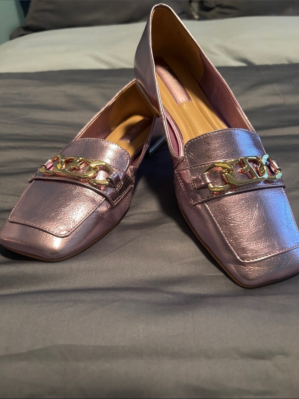 Franco Sarto Metallic Rose Gold Chain-Trim Loafers